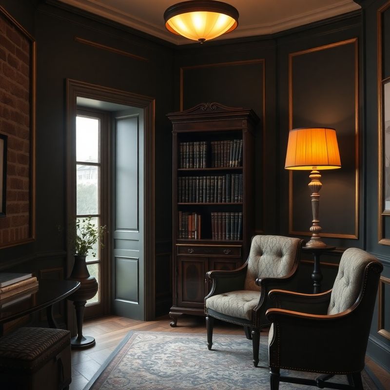 Elegancki gabinet kancelarii — antyczna biblioteka, ciepła lampa i mahoniowe biurko